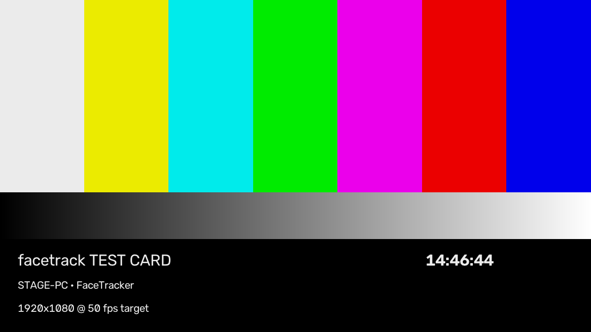 yewee's built-in test card: colour bars, grayscale ramp, feed name and a running clock